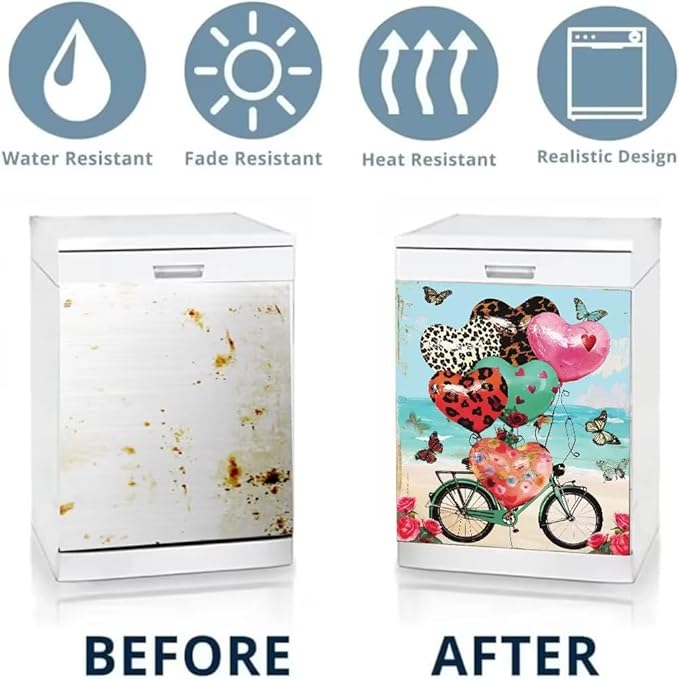 Dishwasher Magnet Cover, Heart Balloons Bicycle Butterfly Refrigerator Magnetic Vinyl Sticker for Dishwasher Door, Valentine's Day Decorative Kitchen Appliance Panel Decal, 23Wx26H Inches