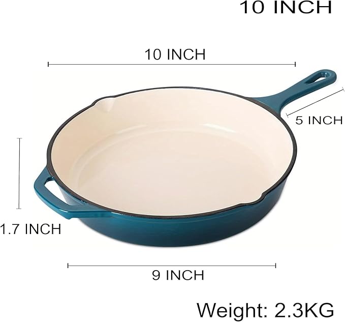 Enameled Cast Iron Skillet, Non Stick Fry Pan, Induction Compatible (Peacock Blue, 10 inch)
