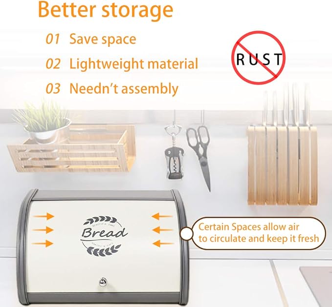 X458 Gray Bread Box Roll Top, Metal Bread Box for Kitchen Countertop, Large Space, Keeps Bakery Items Fresh Longer, Bread Bin for Kitchen Countertop, Breadbox to Store Cookies, Bagels, Muffins