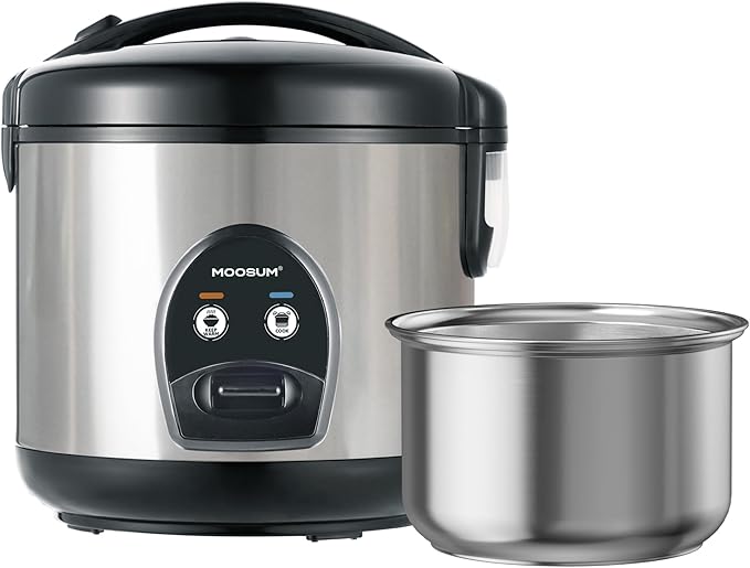 Electric Rice Cooker with One Touch for Asian Japanese Sushi Rice, 5-Cup Uncooked with Stainless Steel Inner Pot, Removable Inner Cover and Steamer, Silver
