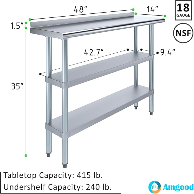AmGood Stainless Steel Work Table with 1.5" Backsplash and 2 Shelves | Metal Kitchen Food Prep Table | NSF (48" Long x 14" Deep)
