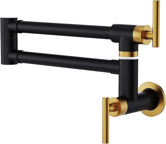 GIMILI Black and Gold Pot Filler Commercial Wall Mount Faucet Folding Double Joint Swing Arm Pot Filler Rotatable Wall Faucet