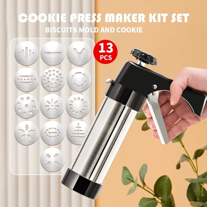 Cookie Press Gun Kit, Spritz Cookie Press with 13 Discs, 8 Piping Tips, Stainless Steel Cookies Maker for Baking, DIY Christmas Cookies and Decorating