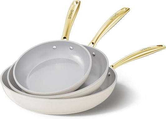 Sanho 3-Piece Nonstick Frying Pan Set with Diamond-Titanium Ceramic Coating, PFAS/PFOA Free - 8, 10 & 12 Inch Skillets - Oven & Dishwasher Safe, Induction Compatible, Cool Touch PVD Handle