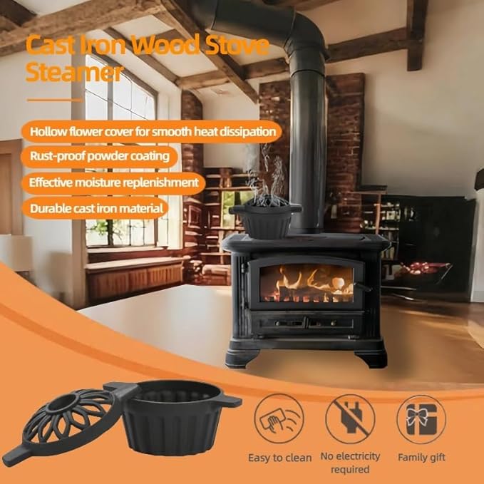 Cast Iron Wood Stove Steamer, Rust Resistant Fireplace Pot with Hollow Carved Lid, 1.32 Quart Capacity Wood Stove Humidifier, Matte Black Finish, Home Indoor Decorative