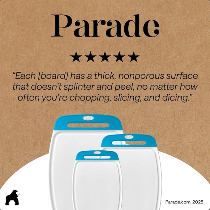 GORILLA GRIP BPA-Free Reversible Kitchen Cutting Board Set of 3, US Designed, Nonporous, Juice Grooves Catch Liquid, Slip Resistant Border, Dishwasher Safe, Durable Large Food Chopping Boards, Aqua