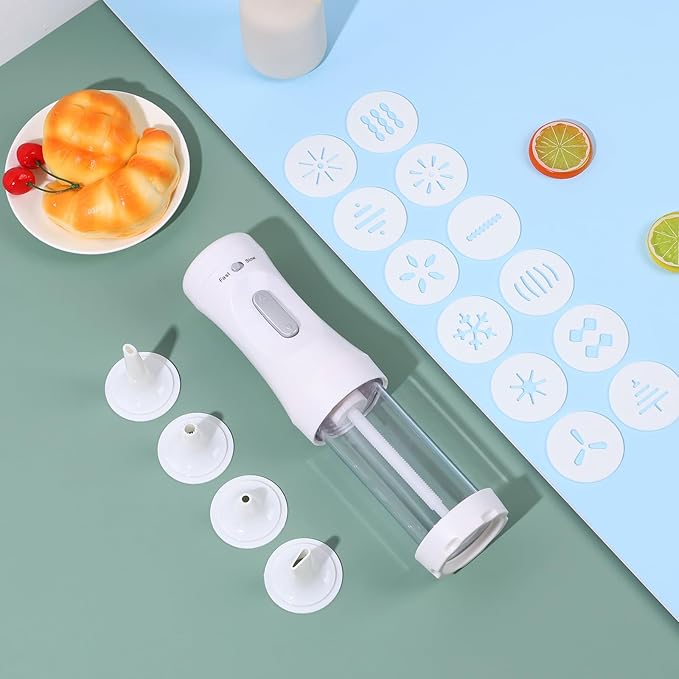 Electric Cookie Press Gun，DIY Cookies Maker Set with 12 Cookie Discs and 4 Icing Nozzles, Electric Cookie Press Decorating Kit for Baking Biscuit Maker
