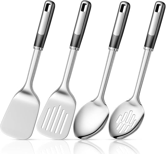 4-Piece Stainless Steel Utensils Set, Heavy-Duty Thickened Cooking Utensils – Solid & Slotted Turner, Solid & Slotted Spoon, Metal Spatula Set for Kitchen, Durable Steel Utensils for Cooking
