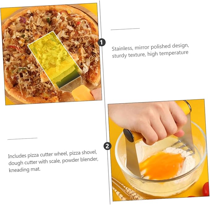 5pcs Baking Tool Set Stainless Steel Pizza Cutter Dough Chopper Kneading Mat with Scale for Homemade Pizza and Pastry Kitchen Dough Tools for Baking Enthusiasts