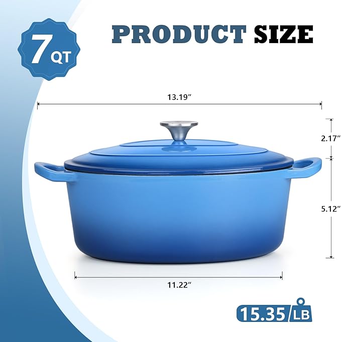 P&P CHEF Oval Dutch Oven with Lid, Enameled Cast Dutch Oven Pot for Bread Baking, Braising, Stewing, Roasting, Non-Stick & Oven Safe, Dual Handles & Easy Clean, 7QT & Blue, Valentine's Day