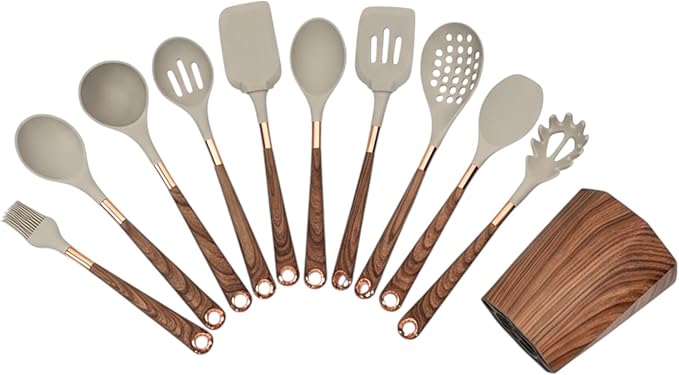 11-Piece Premium Silicone Kitchen Utensil Set with Holder - Heat-Resistant Cooking Tools with Wooklike Grain Handles & Rose Gold Accents - Nonstick Utensils for Modern Home Cooks.