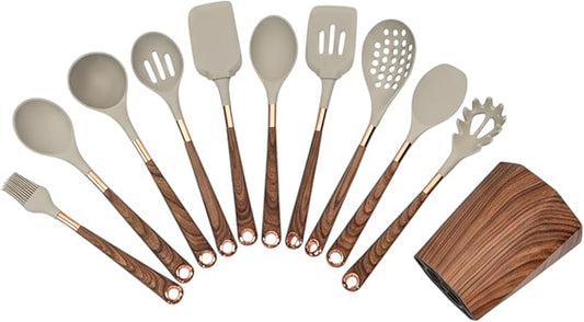 11-Piece Premium Silicone Kitchen Utensil Set with Holder - Heat-Resistant Cooking Tools with Wooklike Grain Handles & Rose Gold Accents - Nonstick Utensils for Modern Home Cooks.