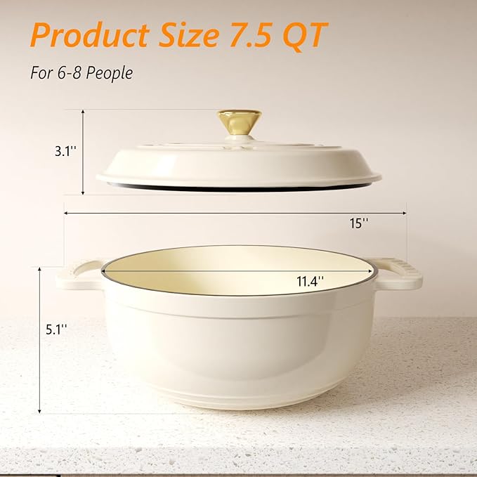 Bonnlo 7.5QT Round Dutch Oven, Enameled Cast Iron Dutch Oven Pot with Lid & Dual Handles, Oven Safe Up to 500° F, for Sourdough, Bread Baking, Stews and Roasting, White