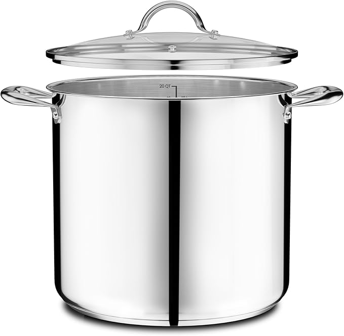 Stainless Steel Stockpot with Tempered Glass Lid 19 Quart, Durable 18/0 Stainless Steel, Impact-Bonded Base for Even Heating, Riveted Handles, Oven & All Stove Compatible, Safe Up To 500°F (260°C)