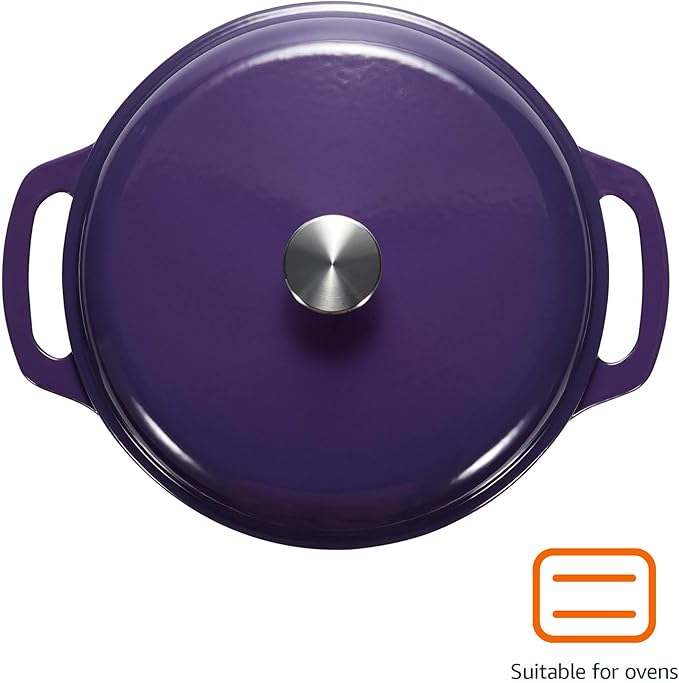 Amazon Basics Enameled Cast Iron Dutch Oven Pot with Lid, Round, Dual Handles, Heavy-Duty, Oven Safe for Stews, Roasting, Baking, 6-Quart, Purple