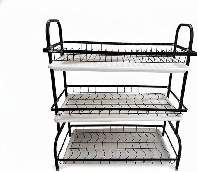 Dish Drying Rack - Warmfill 3 Tier Dish Rack Rustproof Stainless Steel Large Capacity with Utensil Holder, Cutting Board Holder and Dish Drain Rack for Kitchen Counter,Black