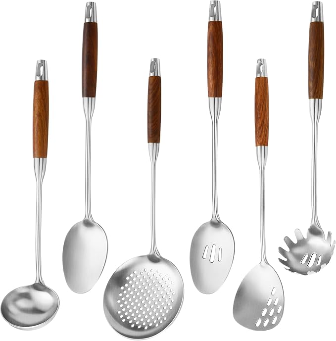 18/10 Stainless Steel Kitchen Utensils Set with Wood Handle Metal Cooking Utensils Set, 6-Piece - Spatula, Spoon, Ladle, Skimmer, Slotted Spoon, Pasta