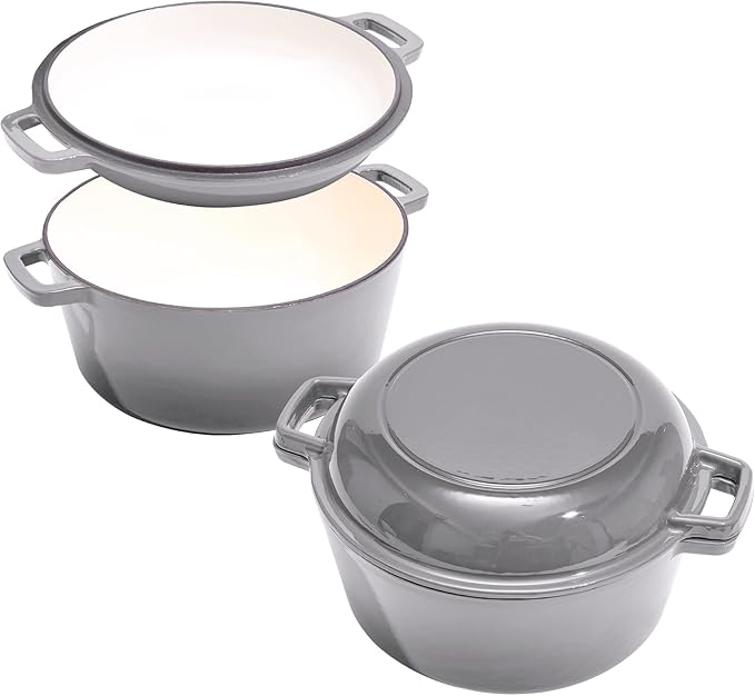 2 in 1 Enameled Cast Iron Dutch Oven Pot 6QT with 2QT Lid - Big Dual Handles - Oven Safe up to 500°F - Classic Round Pot for Versatile Cooking Grey