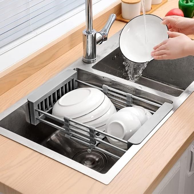 Cyrank Over The Sink Dish Drying Rack, Expandable Over Sink Grill Telescopic Drain Basket Kitchen Rack Drain Basket Sink Drying Rack(L#Grey)