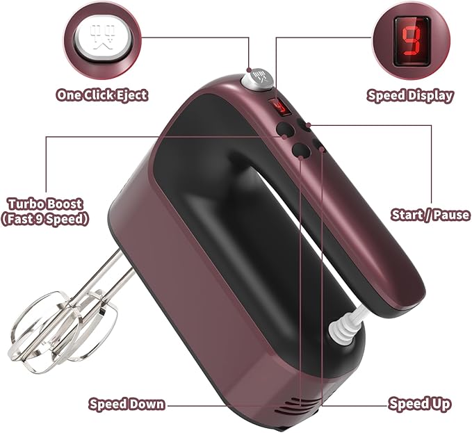 9-Speed Digital Hand Mixer Electric, 400W Powerful DC Motor, Hand Mixer Electric Handheld with Snap-On Storage Case, 5 Stainless Steel Accessories, Beaters, Dough Hooks, Whisk(Grape Purple)