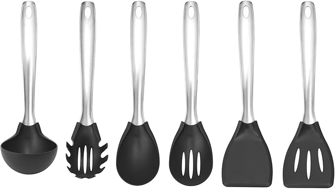 Amco 6-Piece Nylon Utensil Set - Heat-Resistant with Stainless Steel Handles - BPA-Free, Safe for Non-Stick Cookware - Dishwasher Safe Cooking Tools, Kitchen Essentials for Home & Restaurant Use