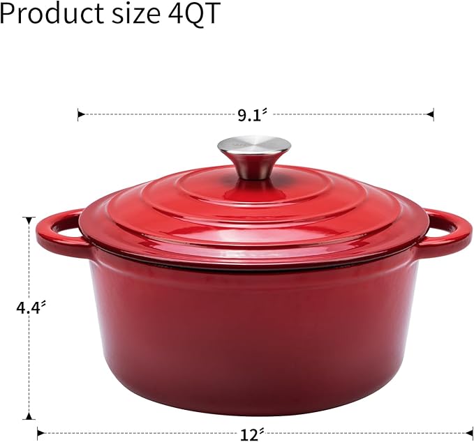 4QT Enameled Cast Iron Dutch Oven Pot with Lid,Heavy-Duty Cookware for Sourdough Bread Baking,Braising,Stews,Roasting,Oven Safe up to 500°F,RED