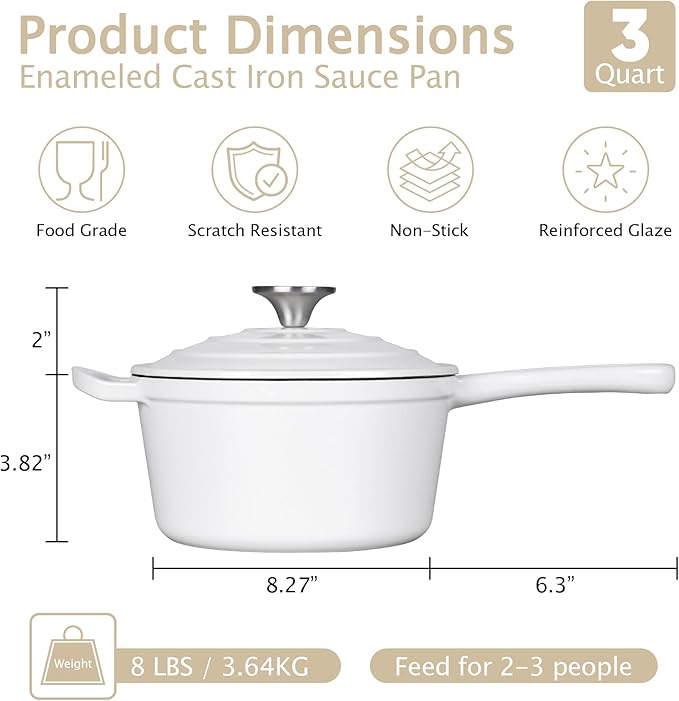 TeamFar 3QT Enameled Cast Iron Sauce Pan, Small Sauce Pot with Lid, Mini Dutch Oven Saucepan for Cooking/Simmering/Baking/Boiling, Sturdy & Nonstick, Oven Safe & Fit for Induction-White