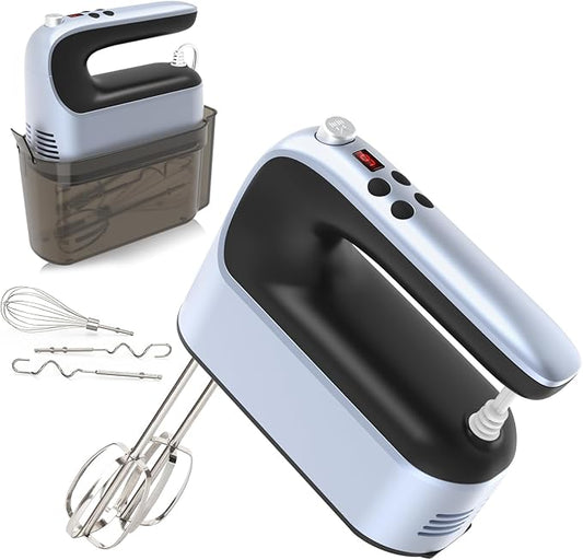 9-Speed Digital Hand Mixer Electric, 400W Powerful DC Motor, Hand Mixer Electric Handheld with Snap-On Storage Case, 5 Stainless Steel Accessories, Beaters, Dough Hooks, Whisk(Ocean Blue)