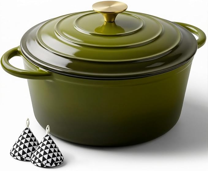 Miereirl 4.5 Quart Enameled Dutch Oven Pot with Lid, Cast Iron Dutch Oven with Dual Handles for Bread Baking, Cooking, Non-stick Enamel Coated Cookware, Golden Green