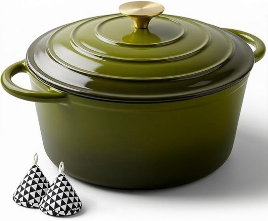 Miereirl 4.5 Quart Enameled Dutch Oven Pot with Lid, Cast Iron Dutch Oven with Dual Handles for Bread Baking, Cooking, Non-stick Enamel Coated Cookware, Golden Green