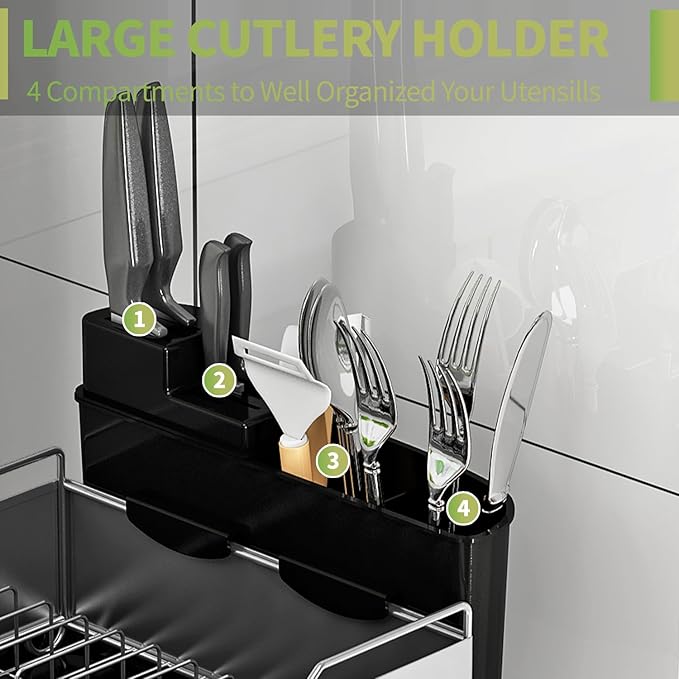Dish Drying Rack,Large Capcity 304 Stainless Steel Dish Rack for Kitchen Counter,Dish Drainer with Drainboard Set and Utensil Holder & Detachable Cup Shelf,Rustproof Multifunctional Organizer Black