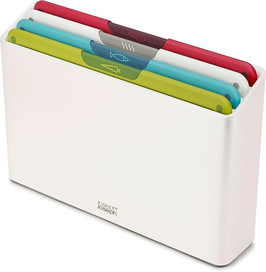 Joseph Joseph Folio Icon 4-Piece Multi Colour coded Cutting Board Set, Slimline case for organized Kitchen storage, White