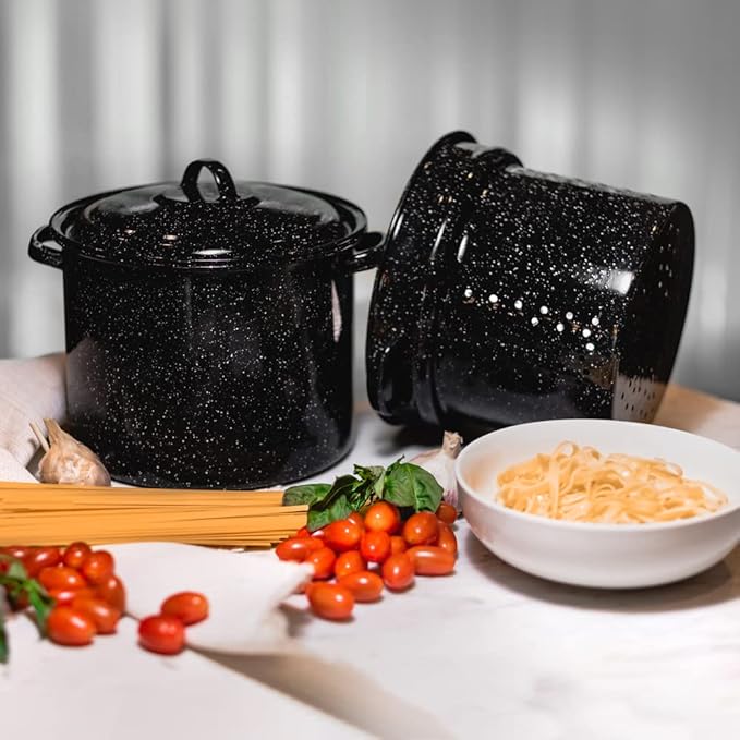 Granite Ware 7.5 Qt 3 Piece Multiuse Pasta Pot Set, Strainer Pot with lid. (Speckled Black) Seafood, Soups, Sauce, Large Capacity. Easy to Clean. Dishwasher Safe.