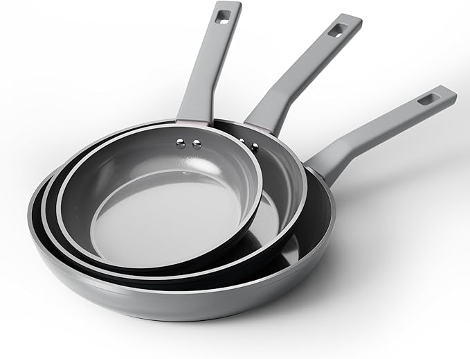 Sanho Nonstick Frying Pans Set, Ceramic Pan Skillet, Non Toxic Pans for Cooking, 8" 10" 12" Ceramic Frying Pan Set PFAS & PTFE & PFOA Free with Stay Cool Handle, Dishwasher & Oven Safe, Gray