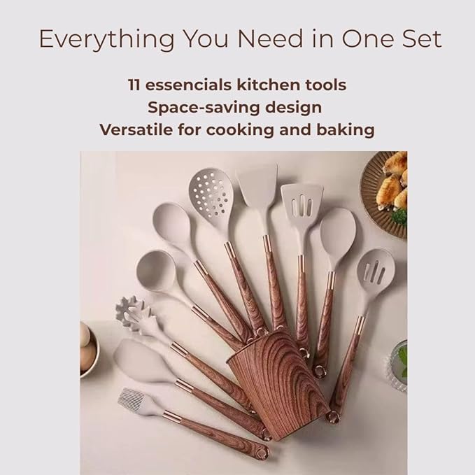 11-Piece Premium Silicone Kitchen Utensil Set with Holder - Heat-Resistant Cooking Tools with Wooklike Grain Handles & Rose Gold Accents - Nonstick Utensils for Modern Home Cooks.