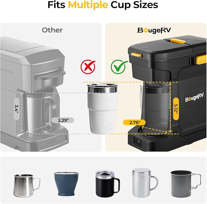 BougeRV Coffee Machine with 18V 8Ah Battery Powered Compatible with K Cup Coffee Pods & Ground, Cordless Coffee Maker for Travel Camping Outdoor Worker Home