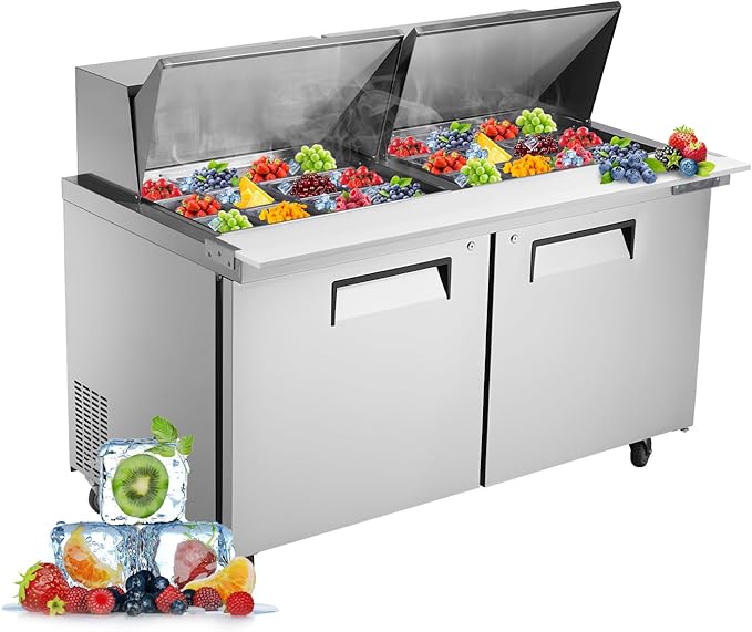 JINSONG 60" Refrigerator Sandwich & Salad Prep Table, Stainless Steel Refrigerated Food Prep Station, 16.4 cu. ft with Cutting Board and 16 Pans for Restaurants, Bar, Shops, etc