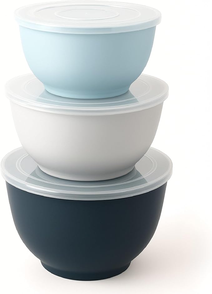 TP Large Mixing Bowl Set with Lids, Melamine Nesting Bowls Set for Pasta Baking Salad Mixing, Set of 3, Blue and White