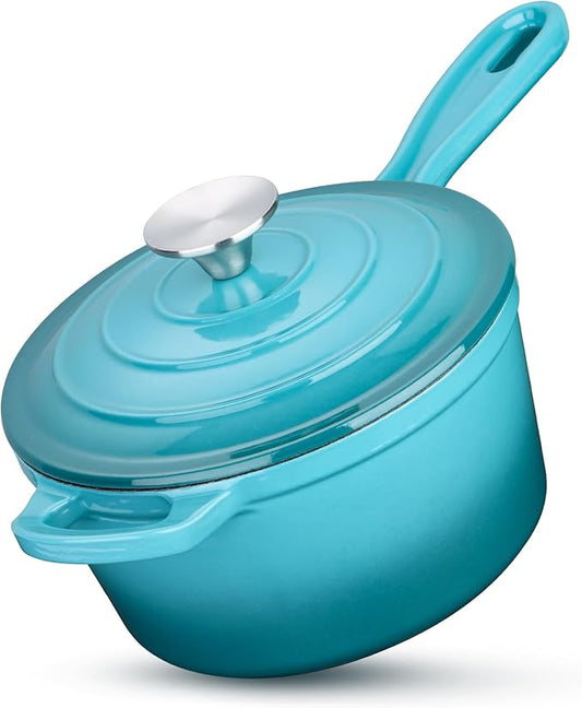 HaSteeL 1 QT Cast Iron Saucepan, Mini Enamel dutch oven with lid, Small Non Stick Pan for Milk, Pasta Tomato Sauce, Butter, Breakfast, Soup, Suitable for Boiling Stewing Frying, Easy to Clean, Green
