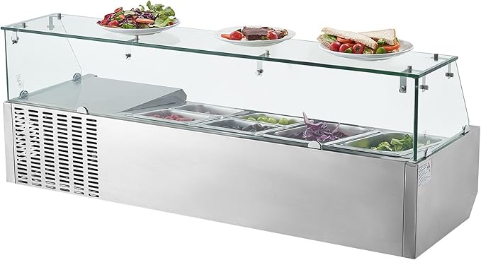 VEVOR Refrigerated Condiment Prep Station, 130 W Countertop Refrigerated Condiment Station, with Two 1/3 Pans & Four 1/6 Pans, 304 Stainless Body and PC Lid, Sandwich Prep Table with Glass Guard