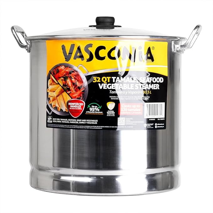Vasconia 32-Quart Steamer Pot (Aluminum) with Tray & Glass Lid - For Most Stoves (Hand-Wash only) Large Stock Pot for Tamales, Steaming, Boiling & Frying - Makes Seafood, Pasta, Vegetables & More