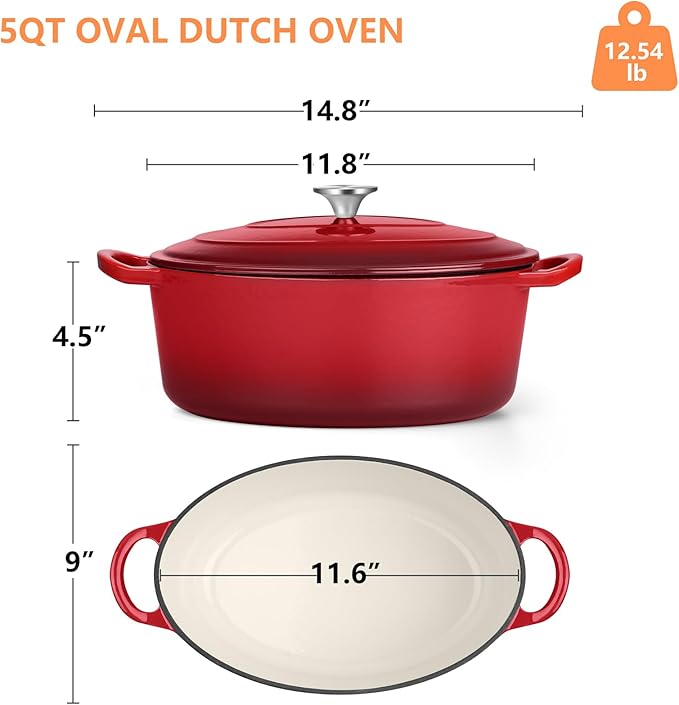 TeamFar Oval Dutch Oven, 5qt Enameled Cast Iron Dutch Oven Pot with Lid, For Bread Baking/Stewing/Braising/Frying, Suitable for Various Stoves, Dual Handles & Easy Cleanup, Red