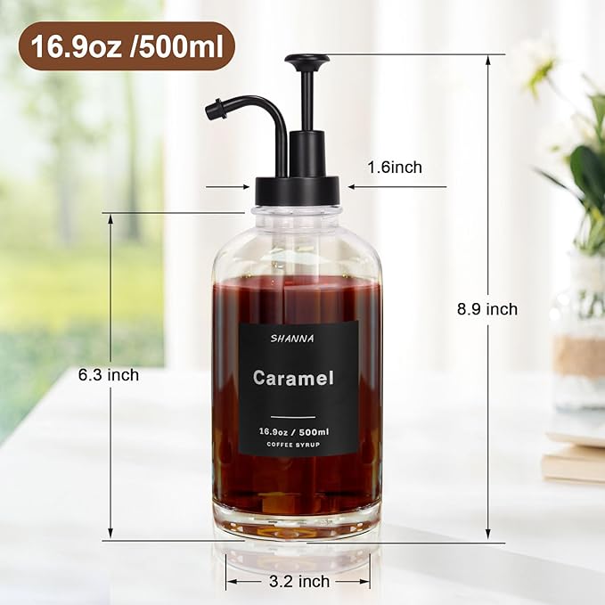 Coffee Syrup Dispenser for Coffee Bar, 16.9oz 500ml Glass Syrup Dispenser w Black Coffee Scoop, Coffee Syrup Pump Dispenser w 36 Labels and Bamboo Tray, Coffee Syrup Bottles with Black Pump, 4PCS