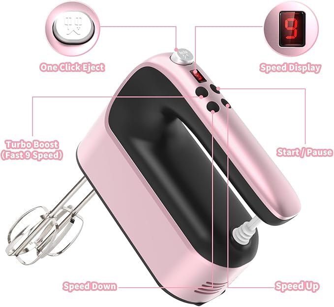 9-Speed Digital Hand Mixer Electric, 400W Powerful DC Motor, Hand Mixer Electric Handheld with Snap-On Storage Case, 5 Stainless Steel Accessories, Beaters, Dough Hooks, Whisk(Rose Gold)