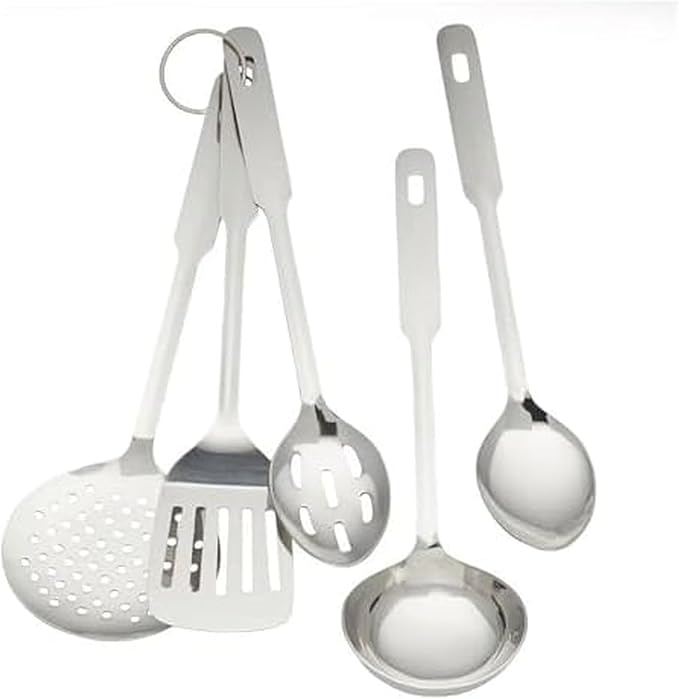Amco 5 Piece Stainless Steel Cooking Utensil Set - Durable Kitchen Gadgets - Metal Kitchen Accessories - Easy to Clean Kitchen Tools