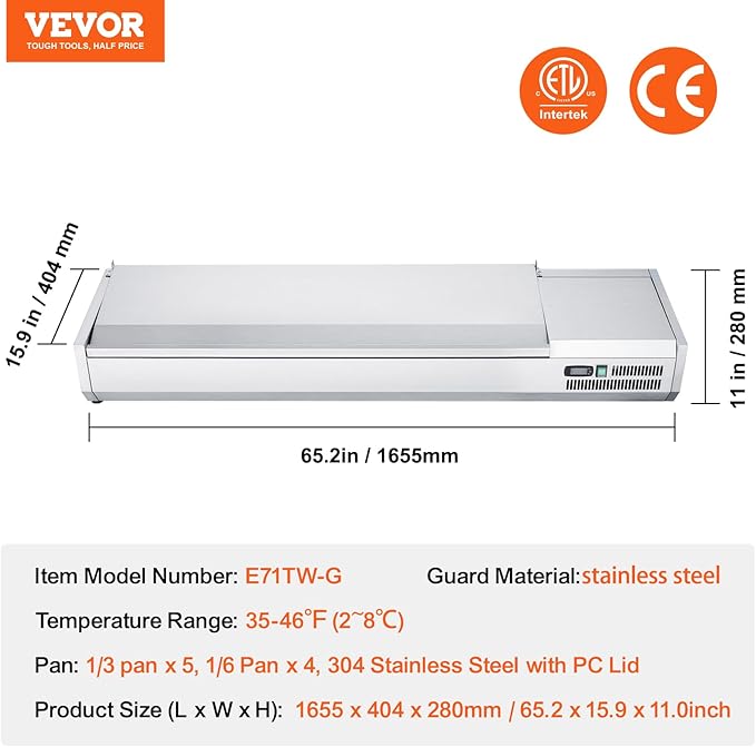 VEVOR Condiment Prep Rail Station, 160 W Countertop Refrigerated Condiment Station, with 5 1/3 4 1/6 Pans, 304 Body and PC Lid, Sandwich Prep Table with Stainless Guard, ETL, Silver