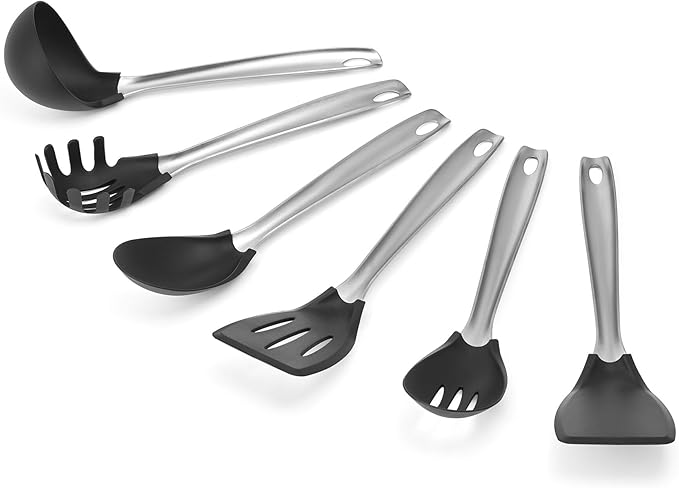Amco 6-Piece Nylon Utensil Set - Heat-Resistant with Stainless Steel Handles - BPA-Free, Safe for Non-Stick Cookware - Dishwasher Safe Cooking Tools, Kitchen Essentials for Home & Restaurant Use