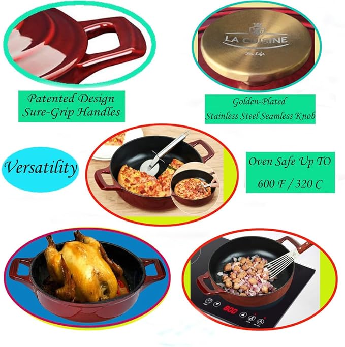 La Cuisine Cast Iron Braiser Shallow Dutch Oven Braising Saute Pan 3.75 QT 11" Dia. Internal Matte Black Enamel Coating, Oven Safe up to 500° F Cranberry