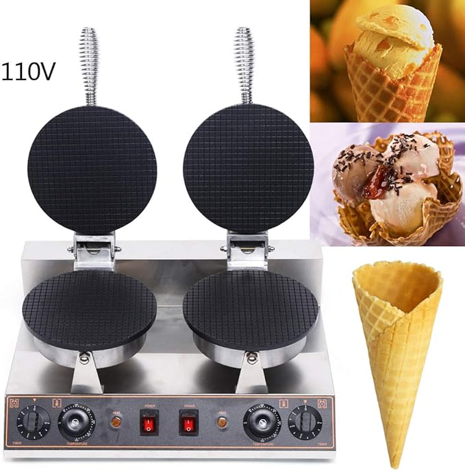 LYNICESHOP Commercial Waffle Cone Maker, 2 Grids Commercial Waffle Maker Nonstick Cone Ice Cream Waffle Baking Machine Electric Stainless Steel Egg Roll Mold Nonstick Waffle Cone Maker