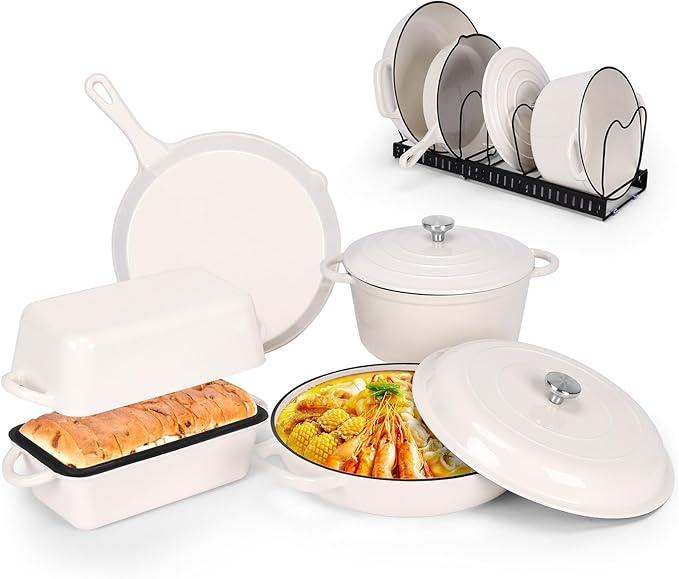 QuliMetal Enameled Cast Iron Cookware Set, 5-Piece – 2.3QT Dutch Oven, 4.7QT Braiser, 10" Skillet, 9x5" Oval Bread Pan & Rack – Versatile Oven-Safe Enamel Cast Iron Pots and Pans for Home Cooking